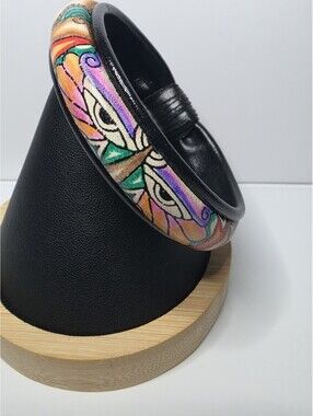 Vintage Mayan Leather Bangle Hand Painted Tribal Mask eye Design Bracelet